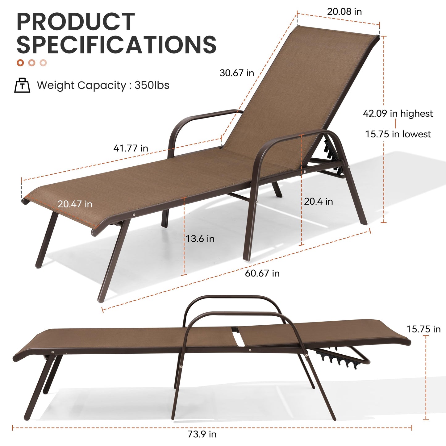 Crestlive Products Outdoor Chaise Lounge Chair, 5-Position Pool Lounge Chairs with Armrests Sunbathing Recliner for Patio, Beach, Deck, Yard (4PC Brown)