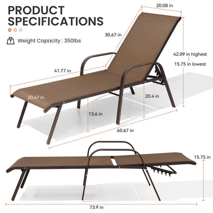 Crestlive Products Outdoor Chaise Lounge Chair, 5-Position Pool Lounge Chairs with Armrests Sunbathing Recliner for Patio, Beach, Deck, Yard (4PC Brown)