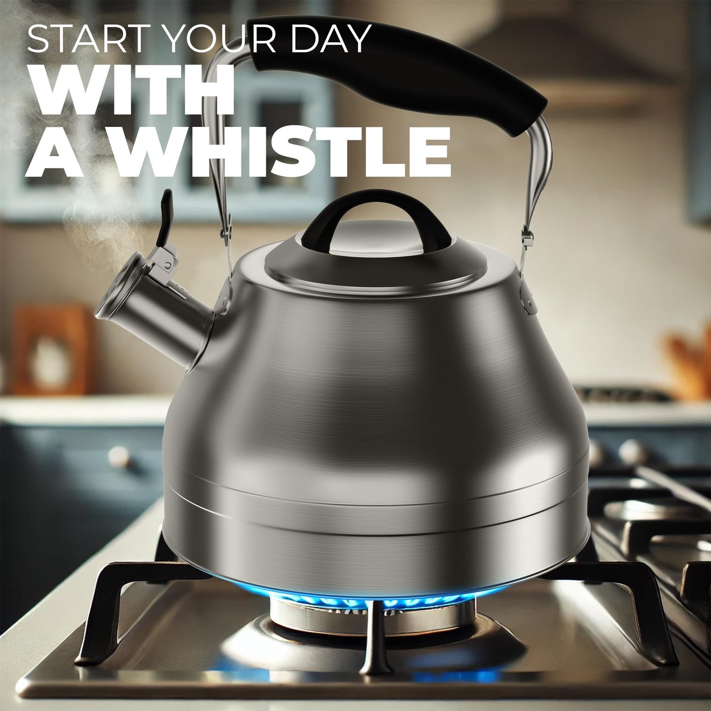 Stovetop Whistling Tea Kettle – 2.4 QT Stainless Steel Teapot with Ergonomic Handle, Fast Heating for Gas, Electric & Induction Stoves – Satin Finish, Silver