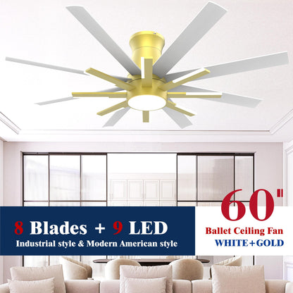 Fande-Aire 60 inch White Ceiling Fans with Lights and Remote, Flush Mount Ceiling Fan for Living Room Bedoom，6 Speed Reversible，8 Blades and 9 Lights，3 CCT，White Gold