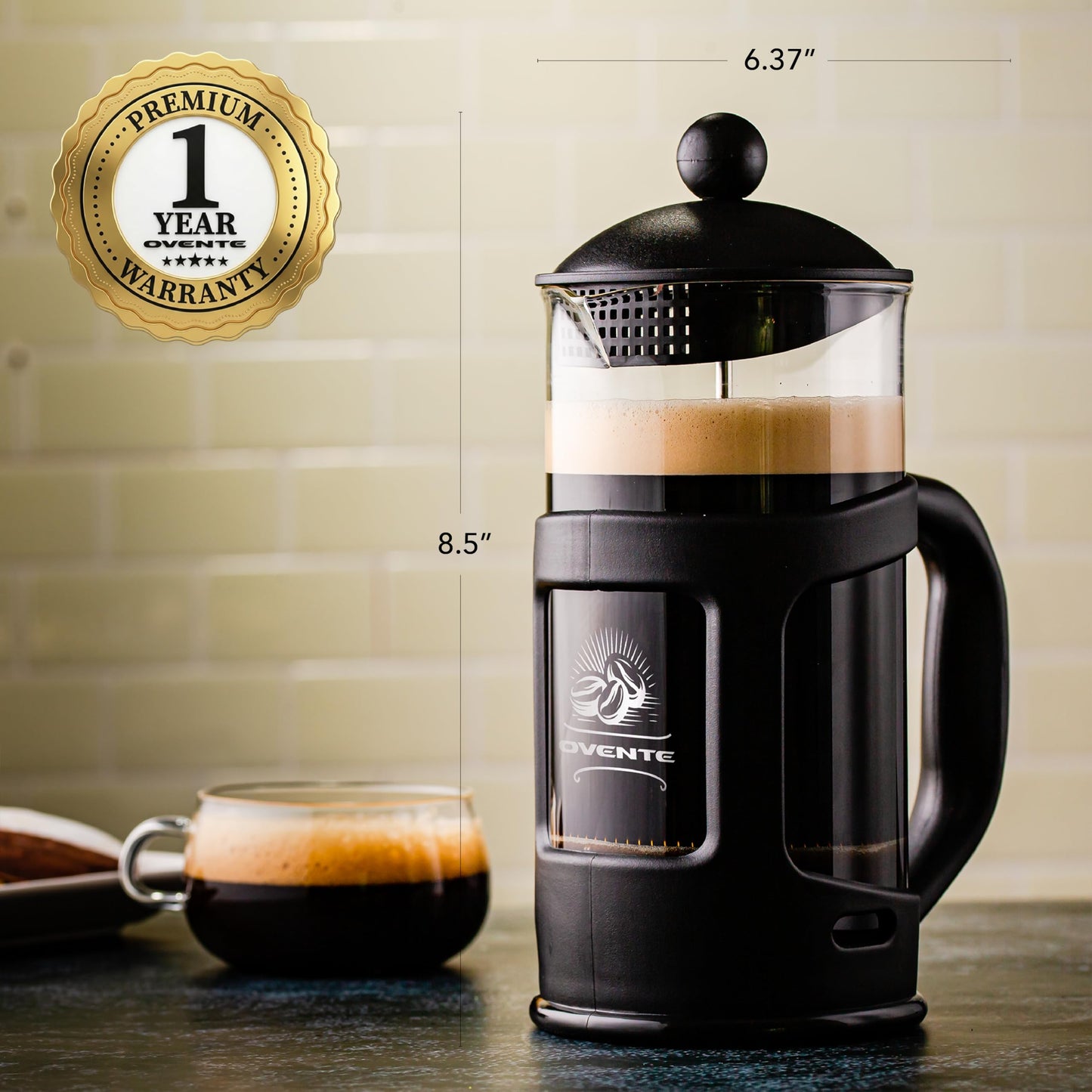 OVENTE French Press Coffee Maker 34 Ounce with Heat Resistant Borosilicate Glass & Stainless Steel 4-Level Filtration System, Portable Cold Brew Coffee Maker for Travel, Camping or Gift, Black FPT34B