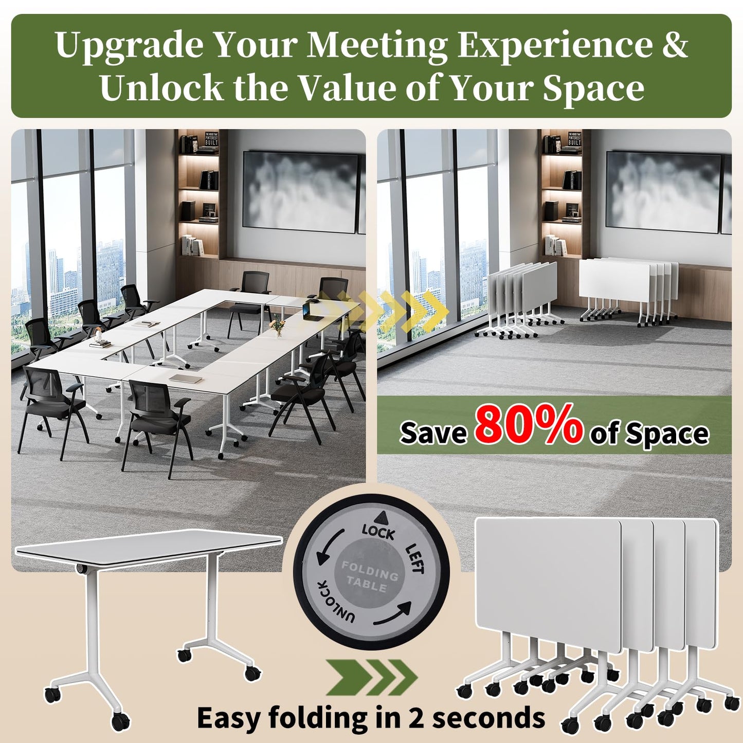 Modular Folding Conference Table with Wheels,8 Pack Mobile Conference Room Tables,Filp Top Rolling Meeting Training Tables for Office,Classroom,Library,Seminar,Boardroom,school(8pack,White,47in)