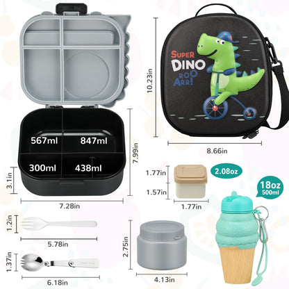 Lunch Box with 13oz Soup Thermo for Hot Food Kids Insulated Food Jar Container with Silicone Water Cup and Spoon & Fork Leak Proof Bento Box Set with 5 Compartment Lunch Bag for School Travel