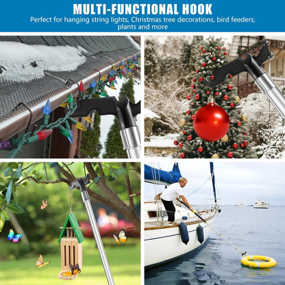 UQM 12 Ft Telescopic Extension Pole with Utility Hook, Telescoping Pole for Hanging Christmas Lights String Lights Birdfeeder, Heavy-Duty Christmas Light Pole Hanger Tool Tree Without Ladder