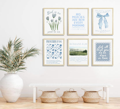 Skiennix Set of 6 Trendy Blue Christian Canvas Wall Art - Inspirational Bible Verses for Girls' Room