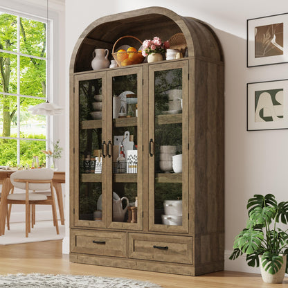 chartustriable 73" Tall Arched Kitchen Pantry Cabinet w Load-Bearing Steel Pipe,Modern Farmhouse Kitchens Storage Cabinet with Drawer and Glass Doors,Tall Arched Bookcase,Pantry Organizer(Natural)