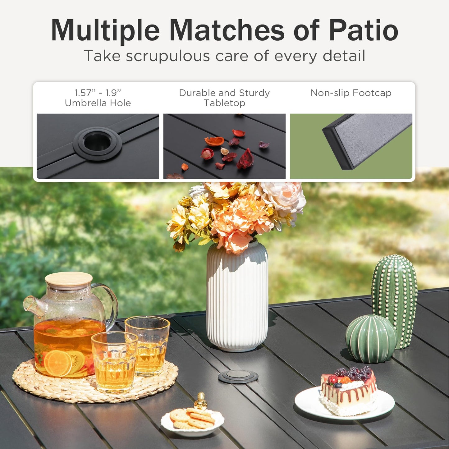 PHI VILLA Patio Dining Table and Chairs for 6,Outdoor Chairs with Textilene Fabric,Quick-Dry and Waterproof,Large Metal Table with Umbrella Hole,Durable and Sturdy for Outside,Garden,Yard