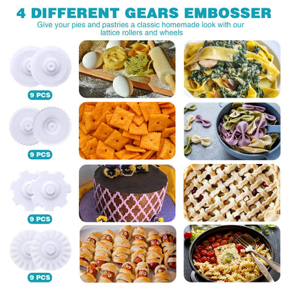 Pastry Dough Lattice Cutter Wheel Roller Fondant Ribbon Cutter with 4 Different Gears Embosser Set Household Time-Saver Baking Pastry Tools for Dough Cookie Pie Pizza Bread Pastry