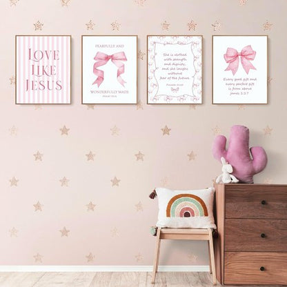 LARTSFRO Coquette Pink Bow Wall Art - Inspirational Christian Decor for Bedroom & Dorm | Set of 4 Unframed 10x8 Inch Prints