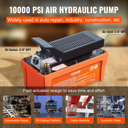 VEVOR Air Hydraulic Pump, 10,000 PSI 1/2 Gal Reservoir, NPT 3/8" Oil Outlet, NPT 1/4" Inlet, 6.6 ft Pipe, Foot Actuated Hydraulic Pump Air Treadle for Auto Body Frame Machines and Pulling Post, Orange