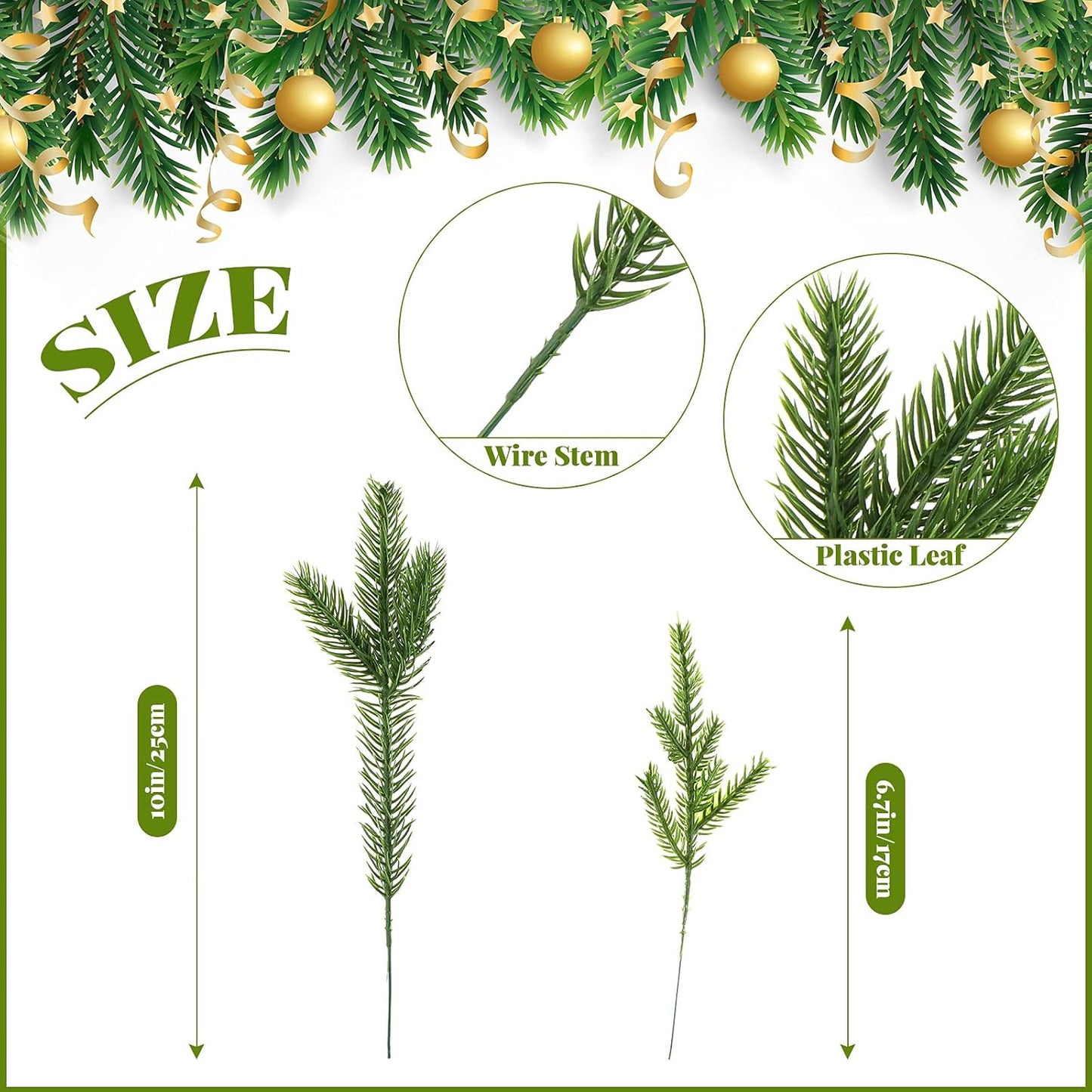 Syhood 50 Pieces Artificial Pine Branches, Christmas Tree Picks for DIY Garland Wreath Home Decor, 2 Styles