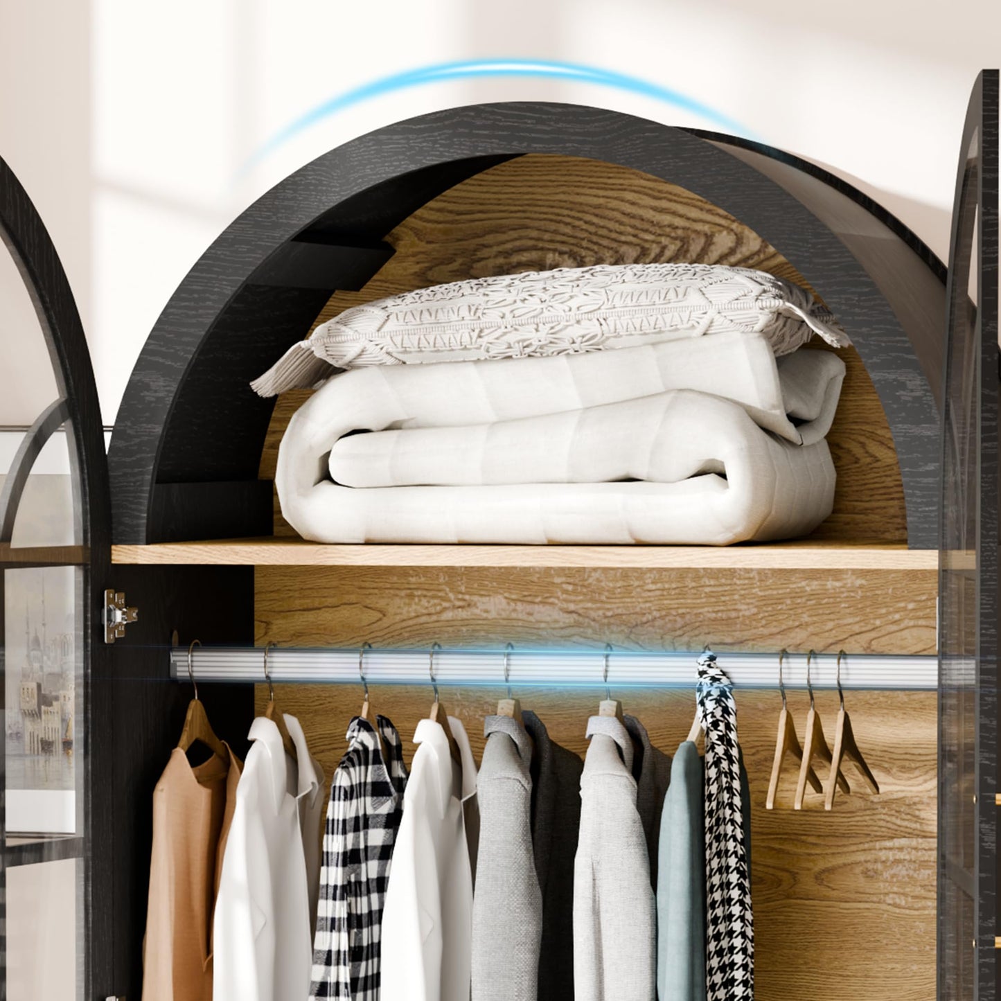 Topcomfy Armoire Wardrobe Closet with Drawer, 71”Tall Arched Wardrobe Cabinet with Hanging Rod&Glass Door – Wooden Freestanding Clothing Storage Cabinet Closet Organizer for Bedroom, Entryway or Dorm