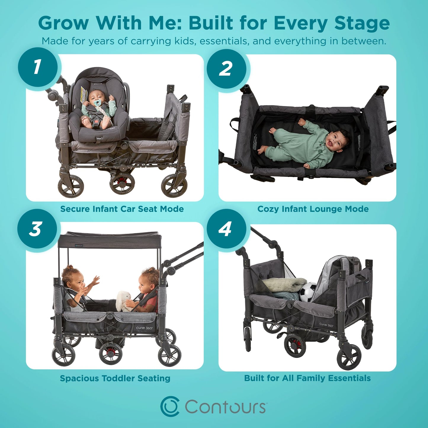 Contours Curve 360 Lightweight Double Baby Stroller Wagon for 2 Kids, Fits Infant Car Seats, Ultra Maneuverable, Easy in and Out for Toddlers with Deep Footwell, Storage Pockets and Adjustable Handle