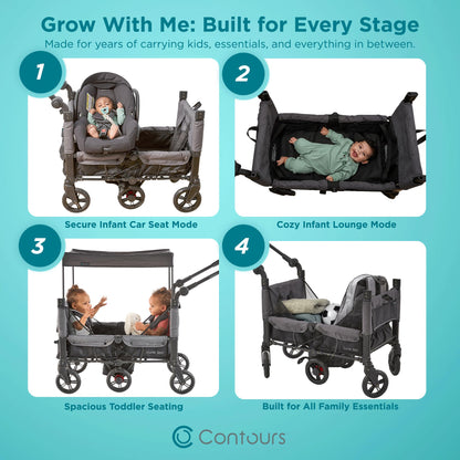 Contours Curve 360 Lightweight Double Baby Stroller Wagon for 2 Kids, Fits Infant Car Seats, Ultra Maneuverable, Easy in and Out for Toddlers with Deep Footwell, Storage Pockets and Adjustable Handle