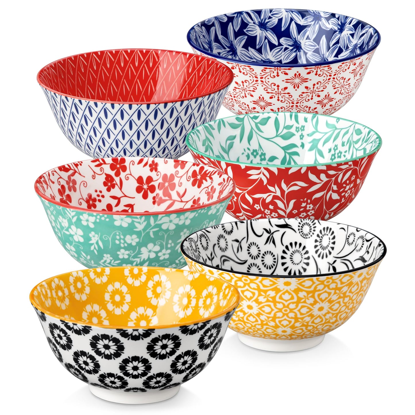 vancasso SELENE 24 oz Cereal Bowls set of 6, Ceramic Soup Bowls for Kitchen, Dishwasher & Microwave Oven Safe- for Cereal, Soup, Pasta, Salad, Vivid Floral Design Bowl Set