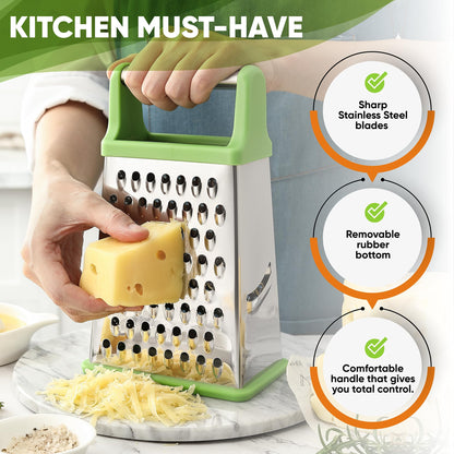 Spring Chef Green Professional Stainless Steel XL Parmesan Cheese Grater with Handle - 4 Sided Box Grater for Kitchen - Dishwasher Safe Food Shredder for Carrot, Potato, Vegetables, Ginger, Hash Brown