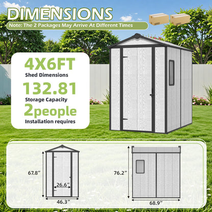 DNYKER 4 x 6 FT Resin Outdoor Storage Shed, All-Weather Plastic Garden Shed with Floor, Lockable Doors & Windows, Plastic Tool Shed for Poolside, Patio, Backyard