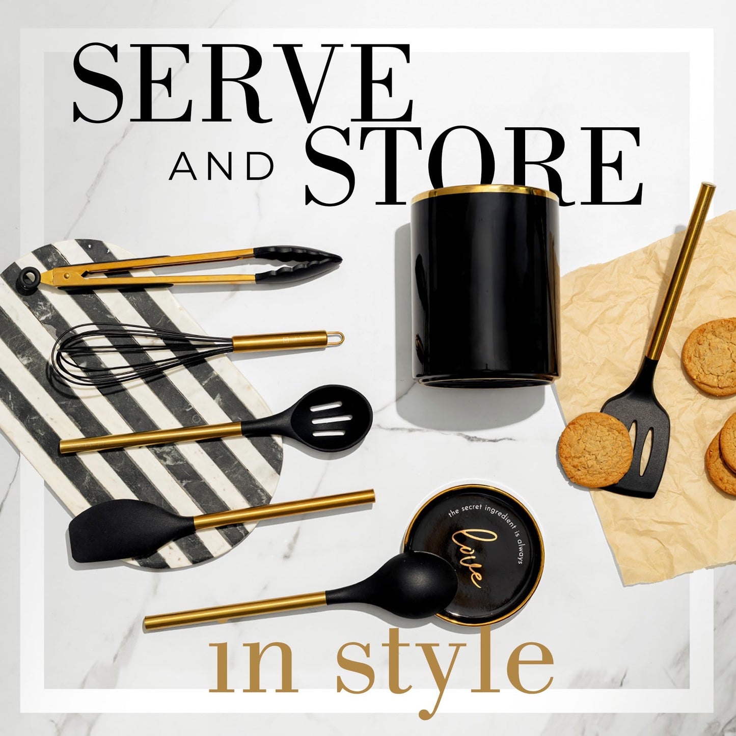 STYLED SETTINGS Black and Gold Kitchen Utensils Set – 8 Piece Silicone Cooking Utensils with Gold Handles, Black Ceramic Utensil Holder & Spoon Rest – Heat Resistant, Nonstick Safe, Sleek Storage