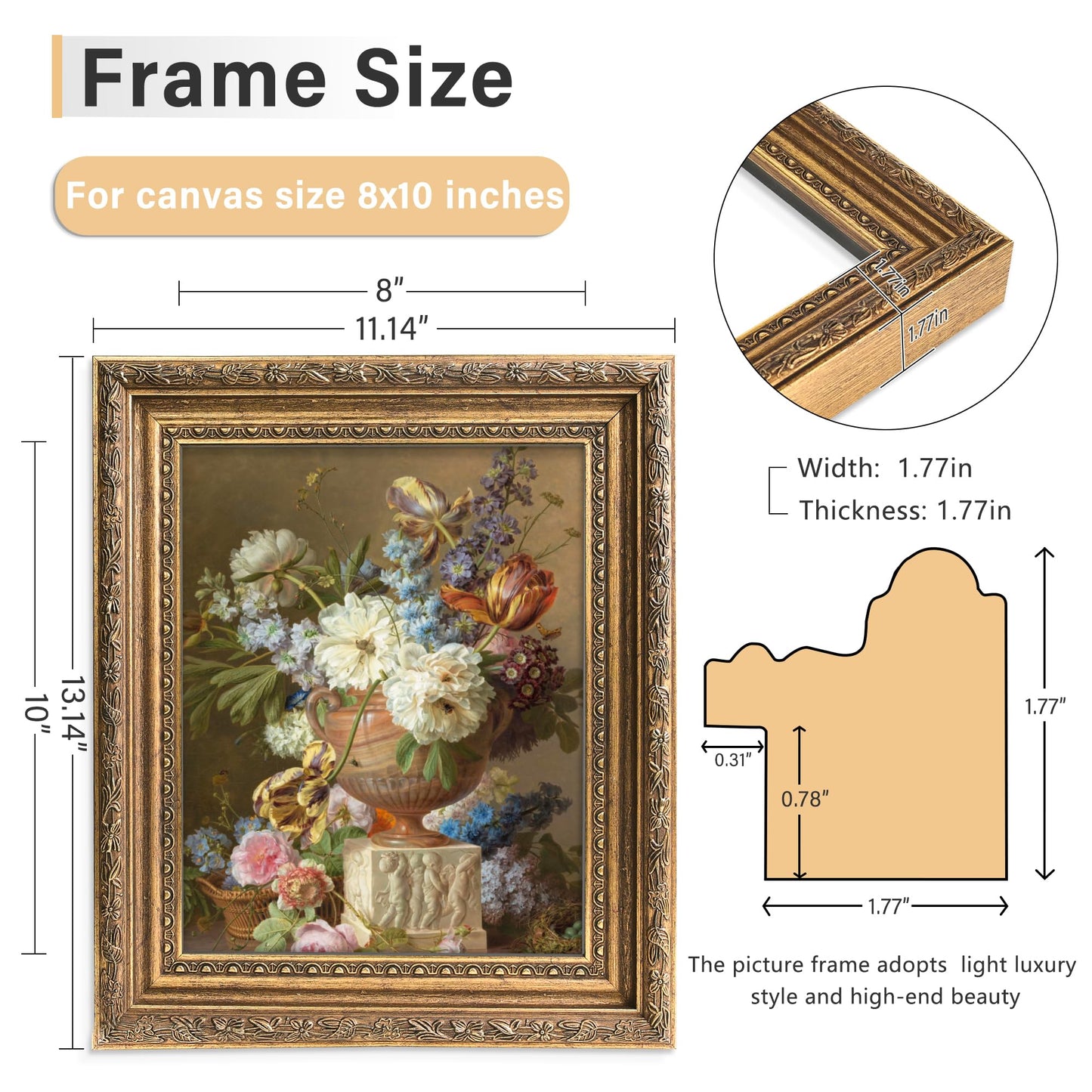 Abtgt 8x10 Canvas Floating Frame, Depth 2cm, Matte Gold Antique Ornate Canvas Frame for Oil Painting Art Prints, Vertical or Horizontal Wall Display, 1 Pack