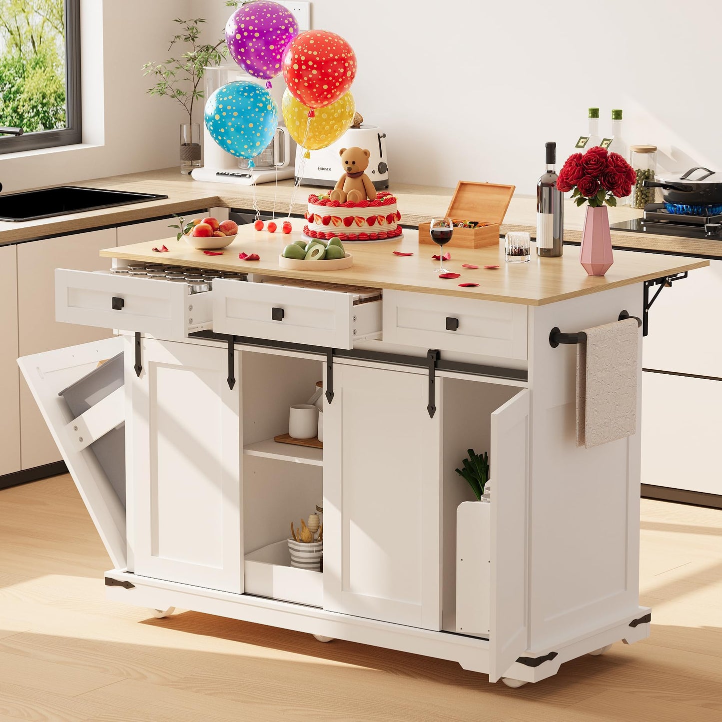 Large Rolling Kitchen Island with Power Outlet, Mobile Kitchen Cart on Wheels with Drop Leaf, 3 Drawers, Trash Can Storage, Spice Rack, Towel Holder, Kitchen Island Table for Dining Room, Home, White