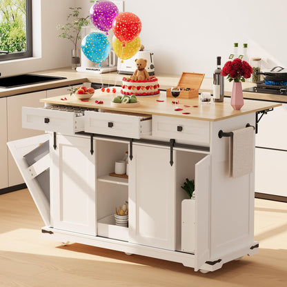 Large Rolling Kitchen Island with Power Outlet, Mobile Kitchen Cart on Wheels with Drop Leaf, 3 Drawers, Trash Can Storage, Spice Rack, Towel Holder, Kitchen Island Table for Dining Room, Home, White