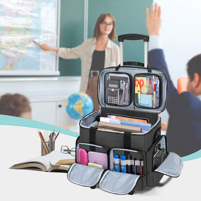 CURMIO Rolling Teacher Tote Bag with Padded Laptop Compartment for up to 15.6 Inches Laptop, Wheeled Teacher Bag for Teaching, Office, Craft, Black