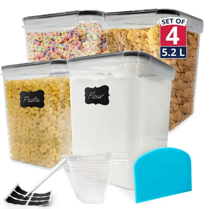 Reli. 5.2L Airtight Food Storage Containers with Lids (4 Sets) | Kitchen Organizers and Storage Pantry Organizers | BPA Free Plastic Container Set w/ 4 Measuring Cups, Dough Scraper, 6 Labels, Pen