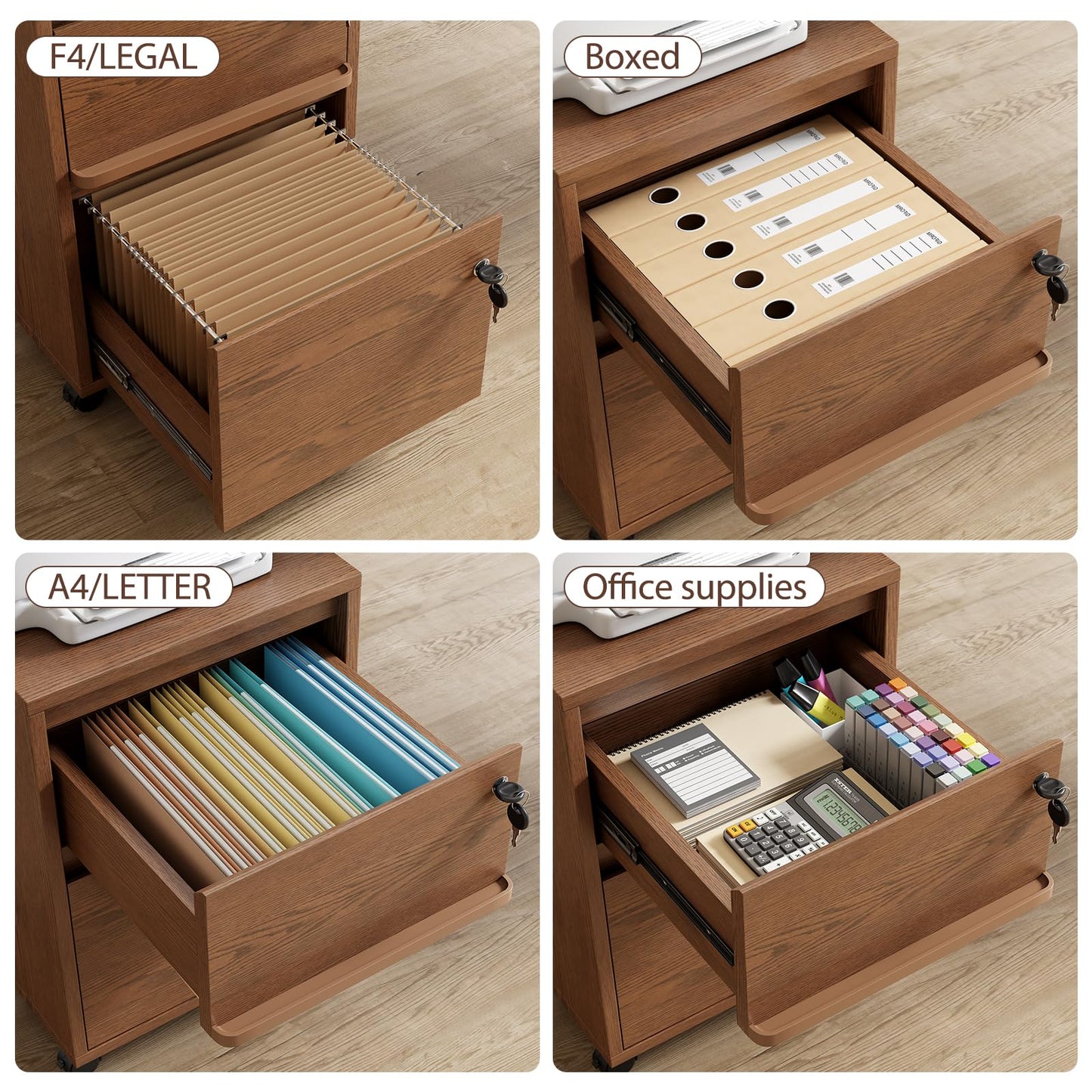 KungFuWood Wheeled Double-Drawer Filing Cabinet, Lockable Mobile File cabinets, Suitable for Home Offices or Storage cupboards for Storing Legal documents or Letter-Sized Files.