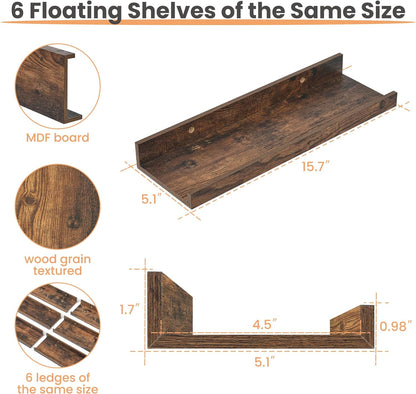 Upsimples Floating Wall Shelves - Set of 6 Decorative Wood Shelves for Bedroom, Living Room, Kitchen | Brown