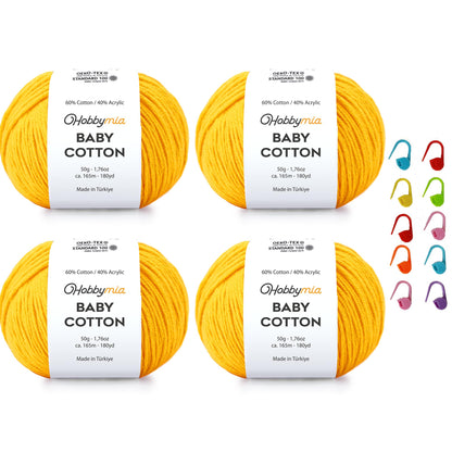 HobbyMia Baby Cotton Blend Yarn – Soft Sport Weight Yarn for Crochet & Amigurumi - 50g/180yds - 60% Cotton 40% Acrylic - Ideal for Baby & Knitting Proj. & 10 Stitch Markers(Mustard Yellow, 4 Balls)