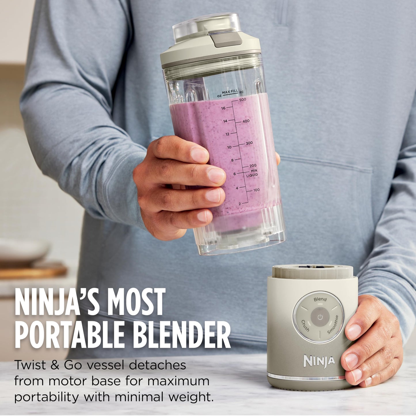 Ninja Blast Max, Portable & Personal Blender + Twist & Go, Smoothie, Blend, Ice Crush, 3 Programs, Cordless, 22 oz removable Vessel, Dishwasher Safe, Leakproof, Grey, BC251GY