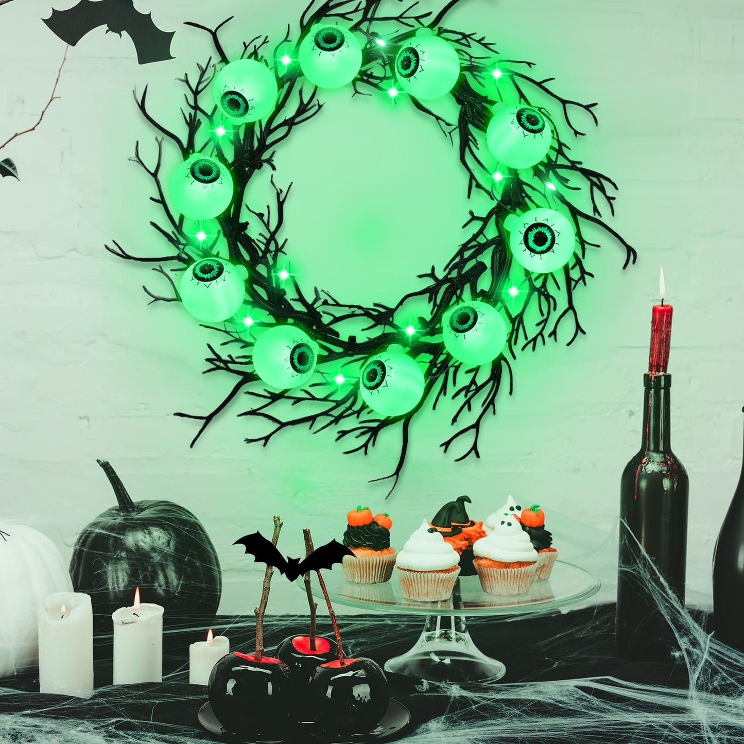 Dingion 18'' Halloween Eyeball Wreath for Front Door Light up Eyeball Wreath Decoration LED Halloween Garland with Black Dead Branch Garland Battery Operated Glowing Creepy Party Favor Wall Outdoor