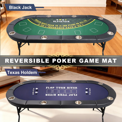 LaiSeeCian 8 Players Foldable Poker Table with Cup Holders, Collapsible Texas Holdem Poker Table with Reversible Game Mat, Suitable for Home Party, Casino, Poker Night, etc.
