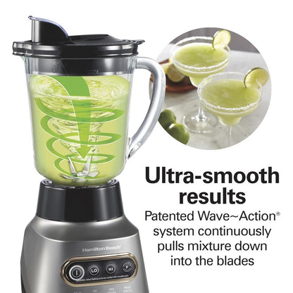 Hamilton Beach Wave Action Blender for Smoothies, Stainless Steel Ice Sabre Blades, 40oz Glass Jar, 20oz Blend-In Portable Travel Jar, 800 Watts, Quiet Design, Silver (58181)