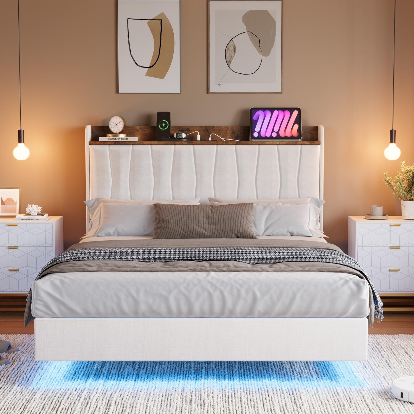 IDEALHOUSE King Floating Bed Frame with LED Lights & Charging Station, Upholstered Platform Bed with Storage Headboard, Wood Slats Support, No Box Spring Needed, Easy to Assemble, White