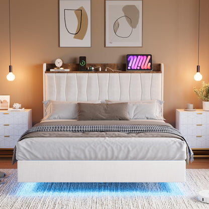IDEALHOUSE King Floating Bed Frame with LED Lights & Charging Station, Upholstered Platform Bed with Storage Headboard, Wood Slats Support, No Box Spring Needed, Easy to Assemble, White