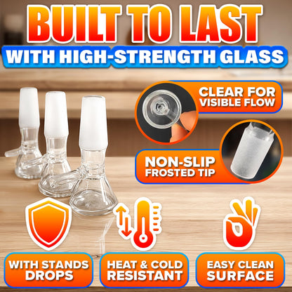 12-Pack 14mm Glass Funnel with Handle – Thick Spill-Resistant Clear Glass Funnels for Liquids and Oils – Easy Pouring, Ergonomic Handle for Kitchen & DIY Projects | 2 Cleaning Brushes for Easy Clean