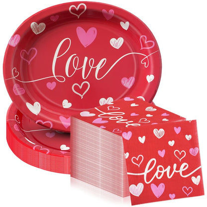 Dereinwo 50Pcs Valentines Day Large 12" x 10" Oval Paper Plates and Napkins Disposable Heavy Duty Paper Plates and Napkins for Valentines Day Party Supplies
