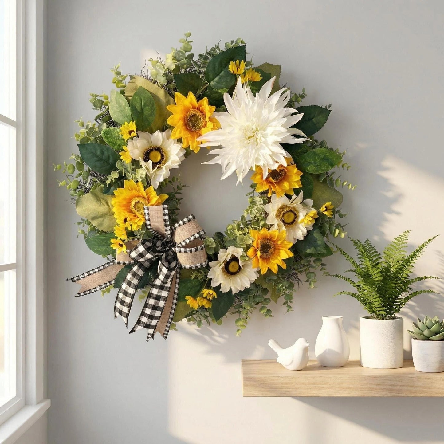 CYANBLOOM 24 Inch Summer Front Door Wreath – Modern Farmhouse Cream White & Yellow Sunflower Dahlia Wreath with Buffalo Plaid Bow, Outdoor Porch Wall Decor All Season, Housewarming Wedding Gift