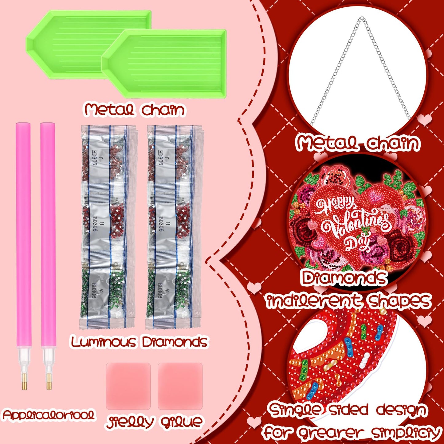 Chiisong 6 Pcs Valentine's Day Diamond Art Painting Kits Glow in The Dark Diamond Hanging Sign Flower Truck Wreath Love Gnome Hanging Ornaments for DIY Adult Beginner Holiday Door Wall Decoration Gift