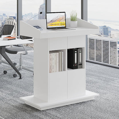Lectern Solid Wood Podiums Floor Standing Podiums Rolling Podium with Wheel Church Podium and Pulpits Mobile Speaking Lectern with Wire Holes and Storage (White, 39.4″×19.68″×44″)