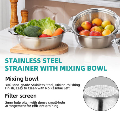 Stainless Steel Colander for Kitchen 2-Quart, Strainer Microporous with Mixing Bowl, Rice Strainer for Washing Vegetables, Fruit and Draining Cooked Pasta, Dishwasher Safe
