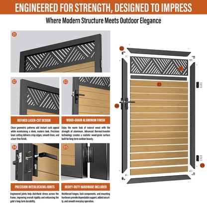 TORMIZ 4x6 FT (46.8"x70.8") All-Aluminum Fence Gate Kit with Wood-Grain Panels – Heavy Duty Anti-Sag Metal Gate Frame, Pre-Installed Left/Right Mount (All-in-One Kit, Panels Included)