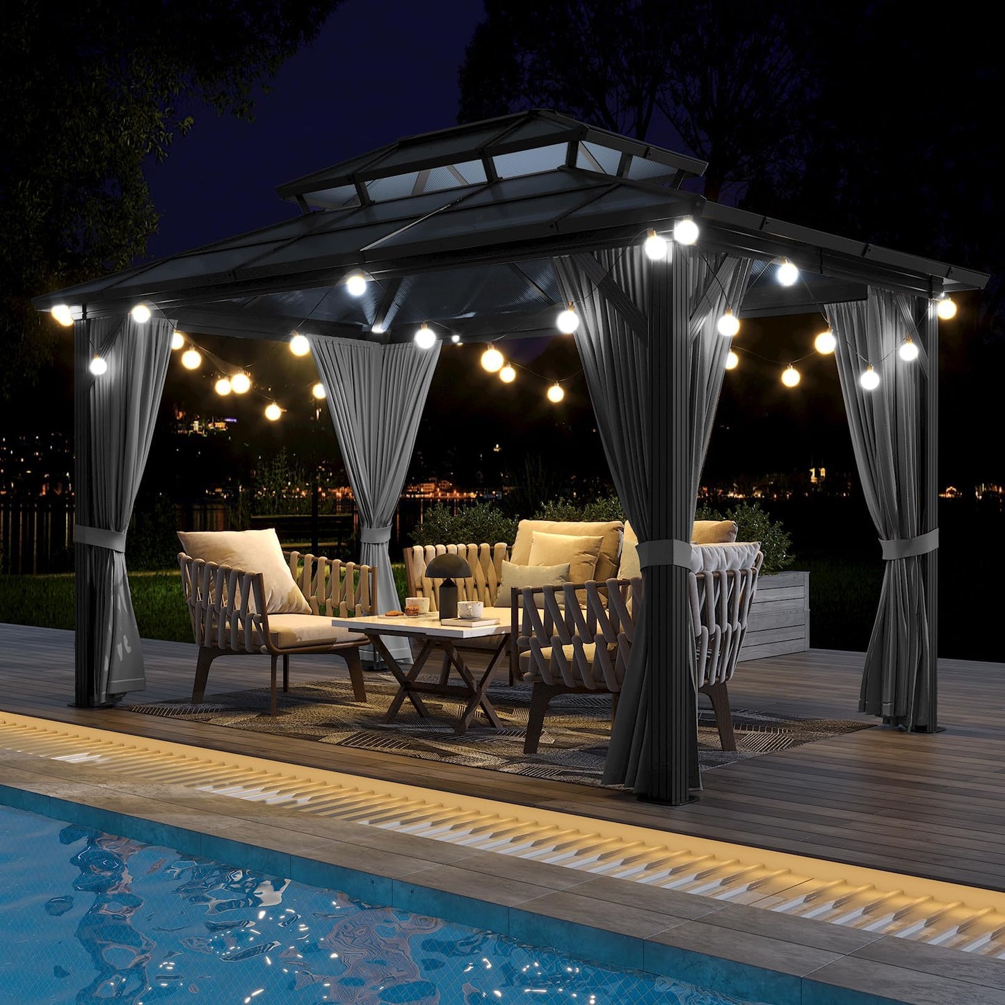 Hardtop Gazebo 10'x12' Double-Layer Polycarbonate Double Roof, Aluminum Frame Pavilion with Privacy Curtains and Netting All-Season for Patio, Garden, Hot Tub & Backyard