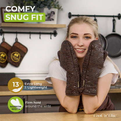 Premium Heat-Resistant Oven Mitts - Stylish and Beautiful - Non-Slip Platinum Silicone Grip - Long and Thick - 100% Natural Cotton Exterior and Soft Terry Cloth Lining - Cook'n'Chic Set of 2 - Brown
