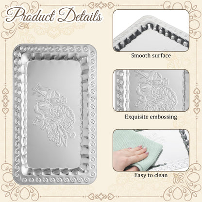 6 Pcs Silver Serving Trays, 13.8" x 8.7" Stainless Steel Rectangle Serving Tray, Decorative Silver Plates, Swirl Floral Engraved Tray, Metal Sizzler Plates for Coffee Table, Bar, Party, Club, Home