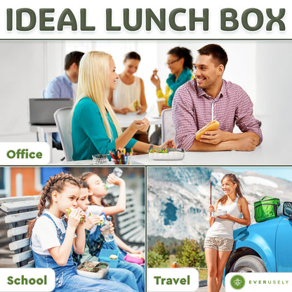Everusely - Bento Box - Sage, 27oz / 0.8 L - Stainless Steel Lunch Box with Leakproof Condiment Container - 3 Compartment Snack Organizer for On the Go Meals - Freezer & Dishwasher Safe