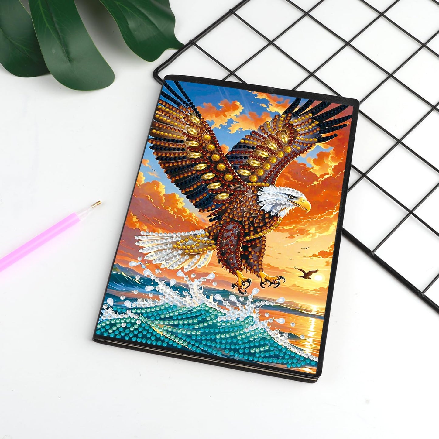 JISHSHAY Eagle Diamond Painting Notebook Journal Eagle Diamond Art Note Book Animal Gem Art Sketchbook Mosaic Kits for Adults Diary Gem Painting Leather Journal with Special Shaped Drills 5.7×8.26in