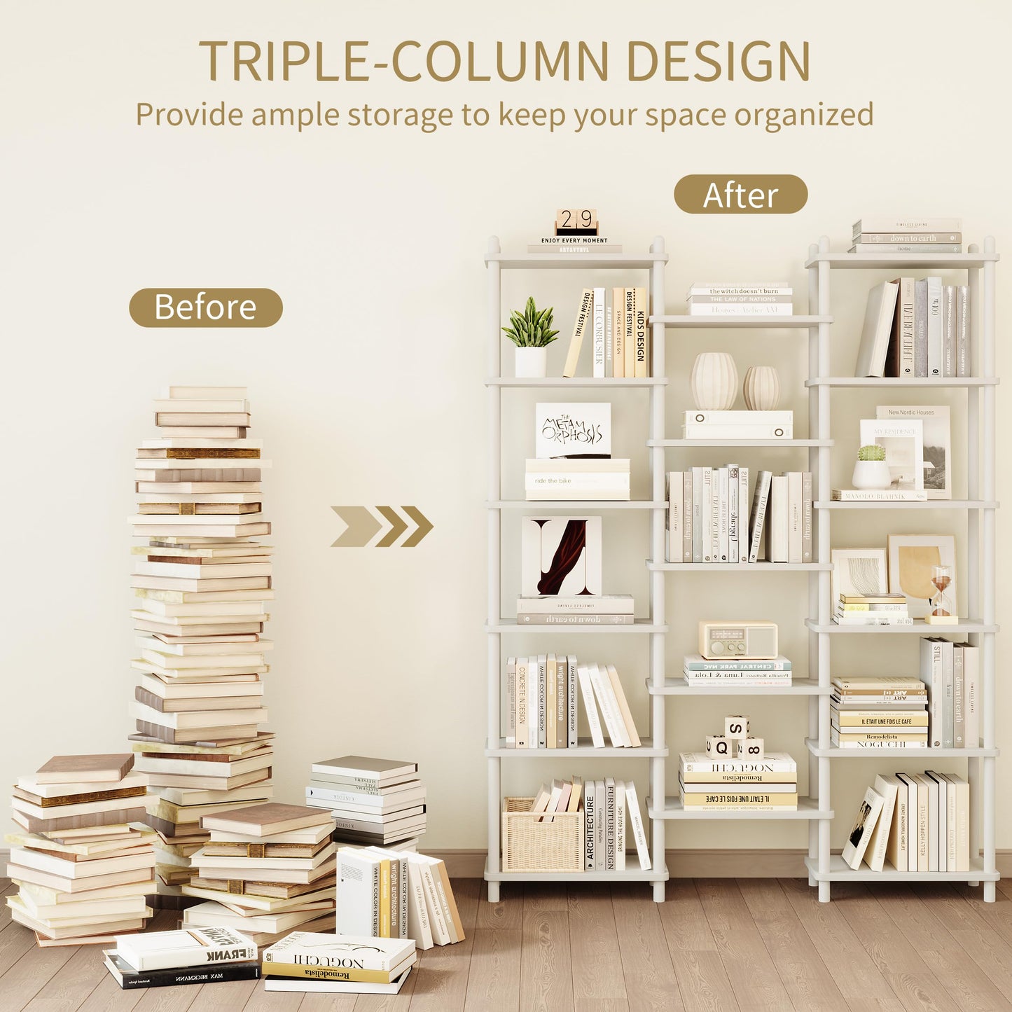 IOTXY Wooden Triple Wide Bookshelf - 6-Tier Large Shelf Bookcase with Solid Beech Frame, Tall Freestanding Open Etagere Display Rack for Home Office, White