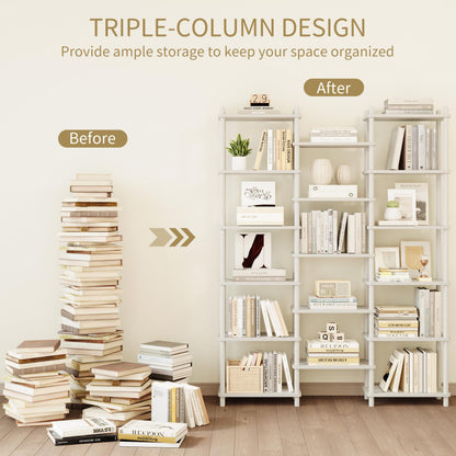 IOTXY Wooden Triple Wide Bookshelf - 6-Tier Large Shelf Bookcase with Solid Beech Frame, Tall Freestanding Open Etagere Display Rack for Home Office, White